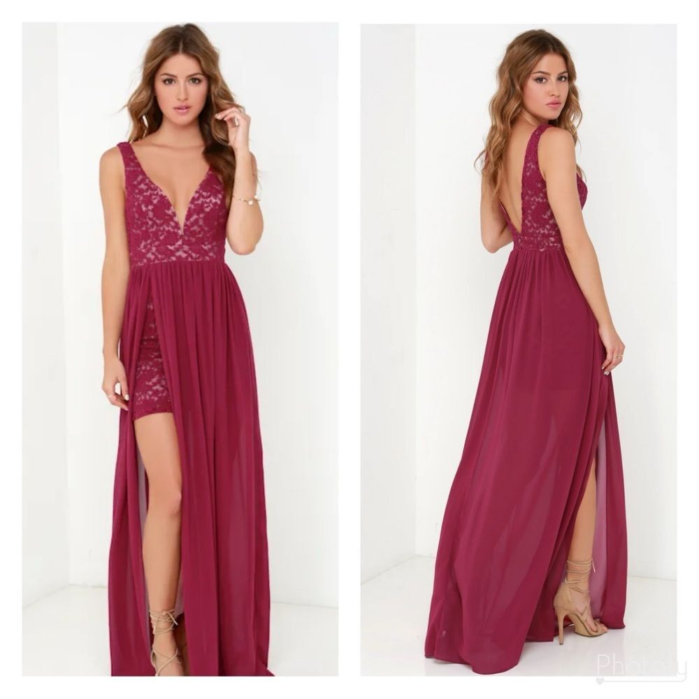 Lulus Make Way for Wonderful Berry Red Lace Maxi Dress Floral Plunging Sz S 2-4